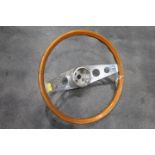 Vintage metal and wooden car steering wheel, diameter 35.