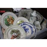 Box of Palisey bird and animal plates, coffee pots,