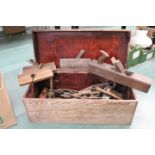 Box of vintage tools, wooden planes, screwdrivers, drill bits,