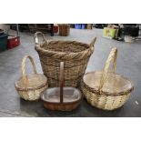 Wicker log basket and three wicker plant baskets