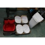 Three boxes of plastic dinner trays, washing up bowls,