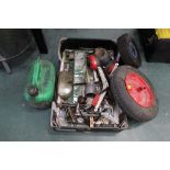 Box of tools, wheels, petrol canister, buckets,