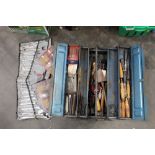 Metal toolbox with chisels, mallets, hand drills, spanner set,