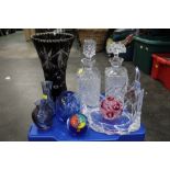 Cut glass vase, decanters,