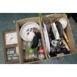 Two boxes of kitchenware, utensils, platters, glasses,