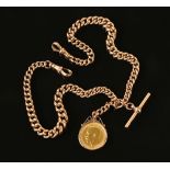 A 9 ct gold Albert chain, with 1911 full sovereign. 54.7 grams (see illustration).