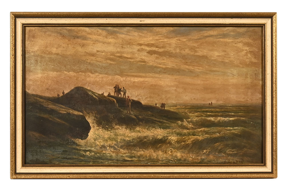 British School late 19th century, figures on a rocky coastline watching sailing vessels out at sea,