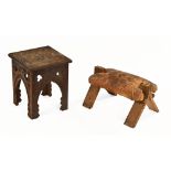 A small Eastern square form occasional table, together with a leather upholstered camel seat.