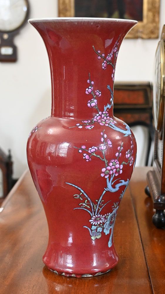 An early 20th century Chinese vase, with stylised bird and flower design on a deep red ground, - Image 4 of 6