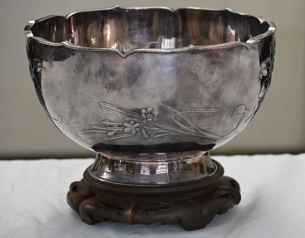 A late 19th/early 20th century Chinese white metal double walled circular bowl, - Image 6 of 8