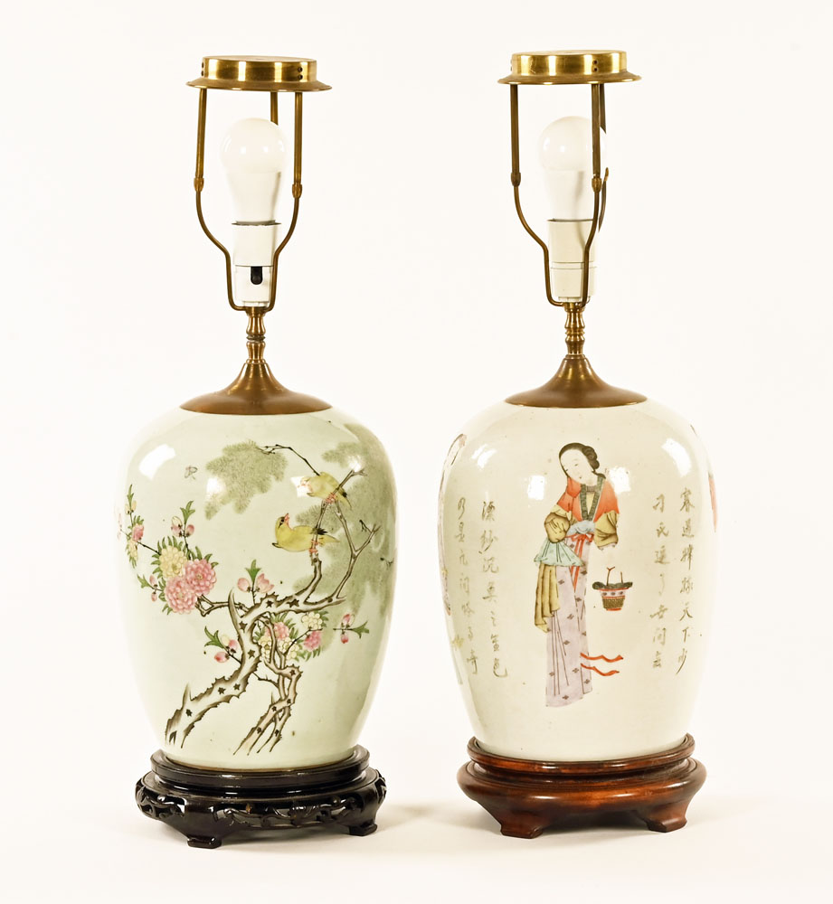 A near pair of Chinese Republic vases, converted to table lamps. Height 62 cm.