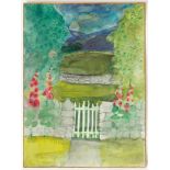 Percy Kelly (1918-1993), "Gate, Foxgloves and Fells", watercolour. 7 cm x 13 cm, unframed.