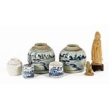 Two Chinese blue and white ginger jars, another smaller, a blue and white jar (missing lid),