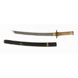 A Japanese Katana sword, with lacquered scabbard with gold coloured metal mounts,