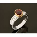 A platinum ruby and diamond ring, ruby +/- 2.22 carats. Size N/O.