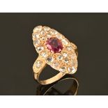 An 18 ct yellow gold rose cut antique style ruby and diamond ring, ruby +/- 1 carat, diamonds +/- 1.
