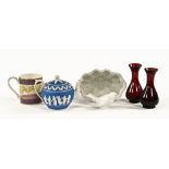 A 19th century Jasperware teapot, a jelly mould, two small Victorian cranberry glass vases,