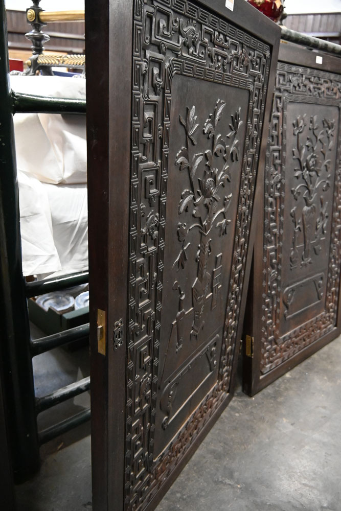 A large pair of antique Chinese carved wooden panels, depicting a table, - Image 5 of 7