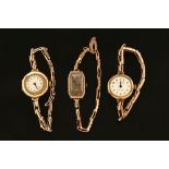 Three 9 ct gold cased ladies wristwatches, two with 9 ct gold spring straps,