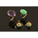 Two gold coloured metal rings and pair of 9 ct gold jade and seed pearl screw back earrings.