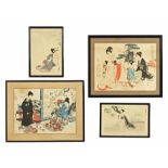 A collection of Japanese Geisha woodcut prints, depicting both domestic and landscape scenes.