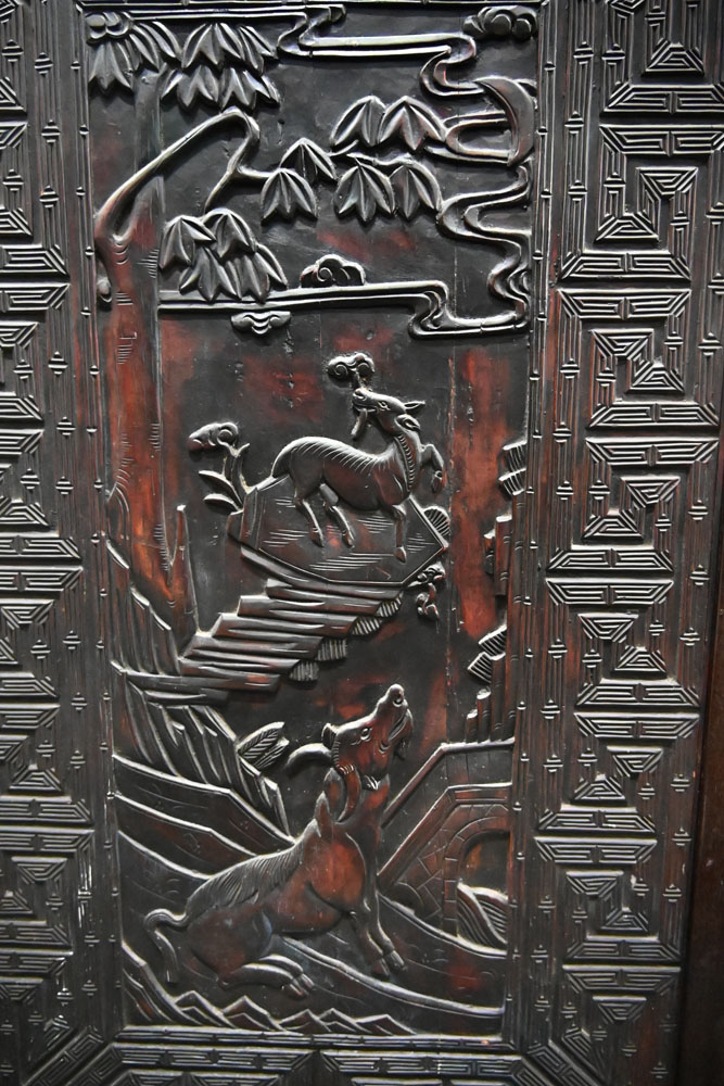 Two large antique Chinese carved wooden panels, - Image 3 of 5