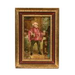 A 19th century porcelain plaque or tile, decorated with a male figure in a tavern,