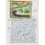 Percy Kelly (1918-1993), "White Cottage with Orange Sun", watercolour. 29.5 cm x 21 cm, unframed.