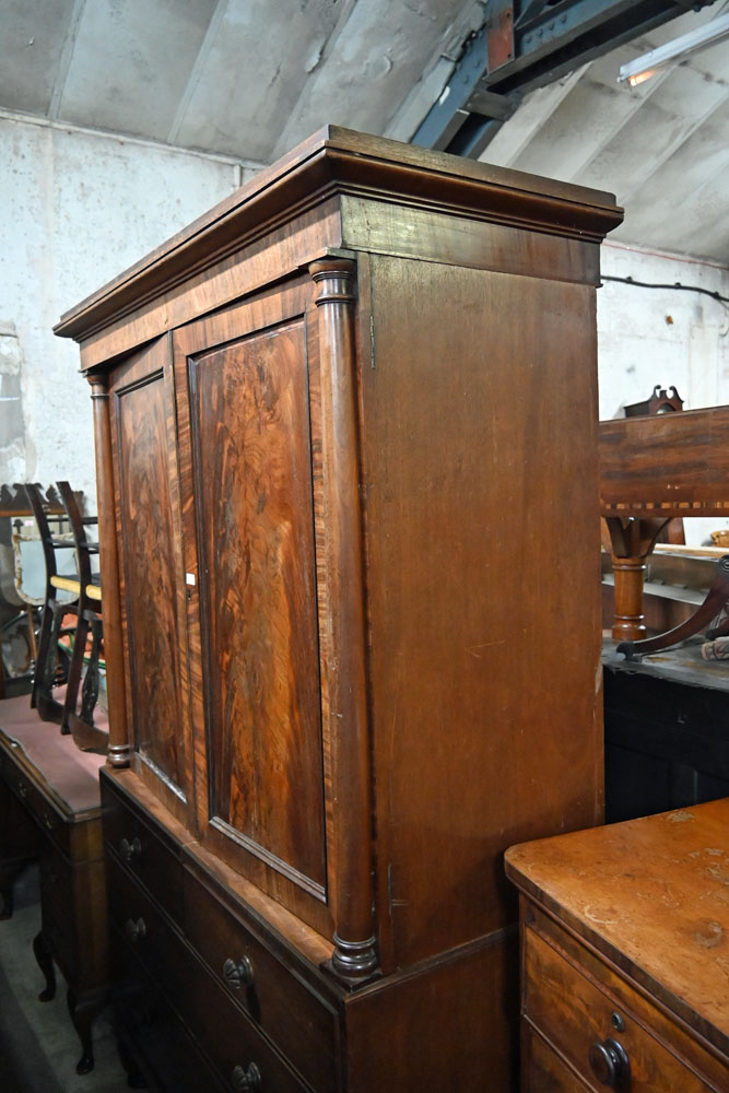 A William IV mahogany linen press with moulded cornice above a pair of panelled doors opening to - Image 2 of 12