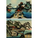 A pair of Japanese paintings on glass, figures and pagodas. 30 cm x 40 cm.