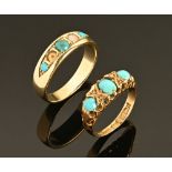Two 18 ct gold rings, hallmarked both with hemimorphite style coloured stones, 9 grams gross (2).