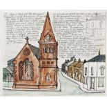 Percy Kelly (1918-1993), "Maryport Church", watercolour. 20 cm x 25.5 cm, unframed.