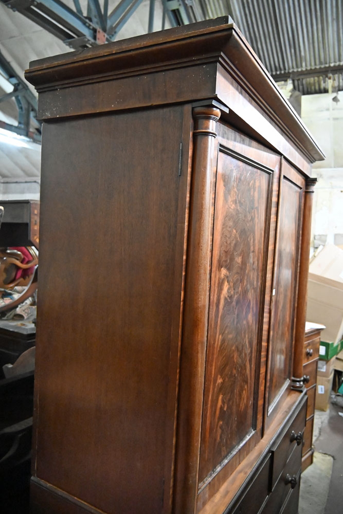 A William IV mahogany linen press with moulded cornice above a pair of panelled doors opening to - Image 9 of 12