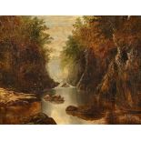 William Mellor (1851-1931), river running through a gorge with overhanging trees and rocks,