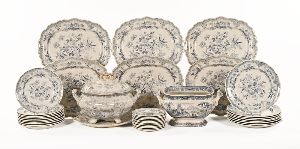 A Victorian Asiatic Pheasant patterned blue and white transfer printed dinner service,