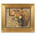 Freda Marston, oil on canvas, still life Marigolds. 38 cm x 48 cm, framed, signed.