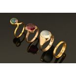 A collection of three 9 ct gold rings, with coloured stones and a plain 9 ct band.