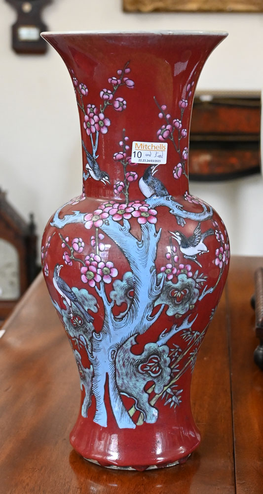 An early 20th century Chinese vase, with stylised bird and flower design on a deep red ground, - Image 2 of 6