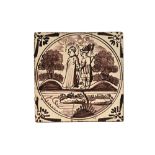 An 18th century Dutch tile "Christ led away by soldier", 13 cm square.