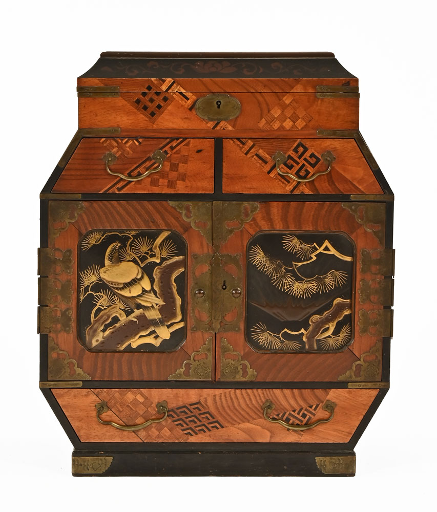 A 19th century Japanese parquetry table cabinet. Height 43 cm, width 35 cm.