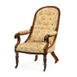 A William IV easy chair, rosewood with exposed moulded frame, deep buttoned back,