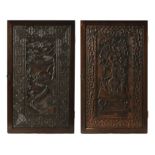 Two large antique Chinese carved wooden panels, one depicting a table, vase and flowers,