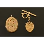 A gold coloured metal locket, set with seed pearls and ruby coloured stones, gross weight 12 grams,