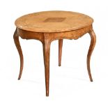 A Victorian inlaid walnut oval centre table, raised on cabriole legs with metal edge.