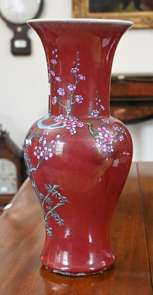 An early 20th century Chinese vase, with stylised bird and flower design on a deep red ground, - Image 3 of 6