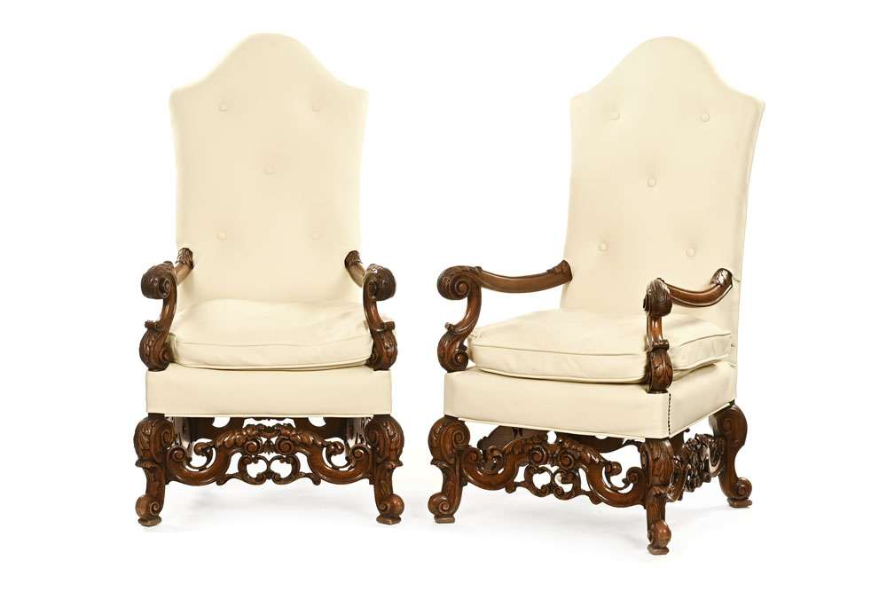 A pair of late Victorian/Edwardian Carolean throne type armchairs,