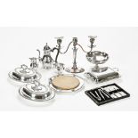 A collection of silver plate, to include a Mappin & Webb footed silver plate bowl,