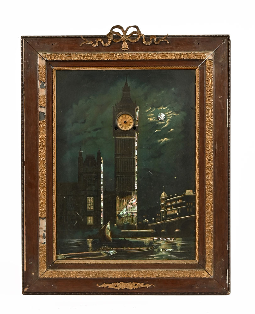 A 19th century Big Ben multimedia picture, inlaid with mother of pearl and with watch movement,