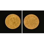 A George I gold guinea 1719, cruciform shields, sceptres in angles, milled edge.