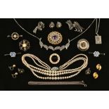 A collection of marcasite jewellery, a seed pearl and amethyst coloured stone brooch etc.